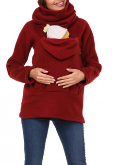 Red Pockets Zipper High Neck Long Sleeve Casual Pullover Sweatshirt
