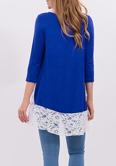 Blue Patchwork Lace Draped Irregular Round Neck Casual T-Shirt