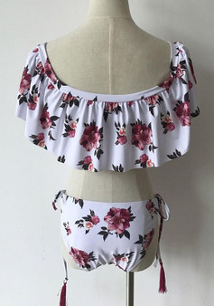 White Floral Peplum Drawstring 2-in-1 Round Neck Swimwear