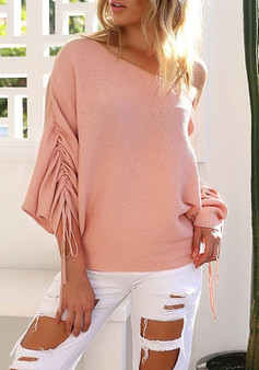 Pink Irregular Asymmetric Shoulder Lace-Up Ruched One-Shoulder Dolman Sleeve T-Shirt