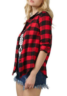 Red Plaid Single Breasted Turndown Collar Long Sleeve Blouse