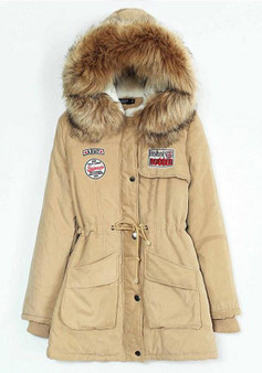 Khaki Pockets Drawstring Zipper Faux Fur Hooded Casual Winter Warm Parka Coat