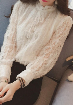 White Lace Lace-up Band Collar Sweet Cute Blouse