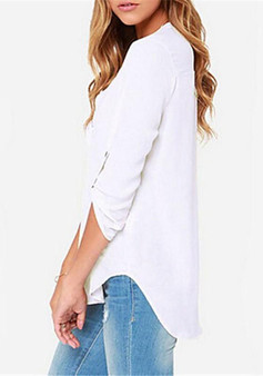 White Plain Draped V-neck Long Sleeve Fashion Polyester Blouse