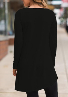 Black Buttons Draped Irregular Long Sleeve Casual T-Shirt
