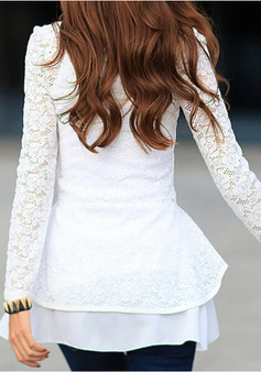 White Lace Ruffle Cut Out Round Neck Casual Blouse