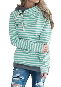 Green Striped Drawstring Pockets Zipper Hooded Casual Pullover Sweatshirt