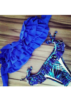 Blue Patchwork Cascading Ruffle Crop 2-in-1 Fashion Swimwear