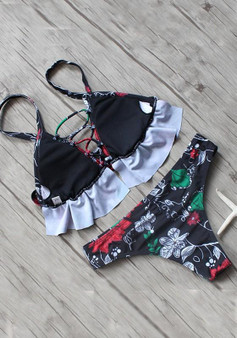 Black Floral Drawstring Ruffle 2-in-1 Condole Belt V-neck Fashion Swimwear