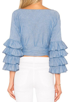 Light Blue Irregular Cascading Ruffle Pleated Bow Long Sleeve Cute Blouse