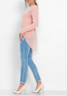 Pink Patchwork Irregular Round Neck Long Sleeve Casual Blouse