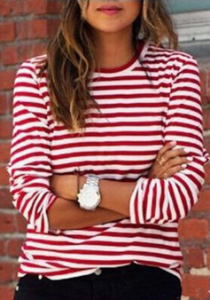 Red-White Striped Print Long Sleeve Round Neck Fall Fashion Casual T-Shirt