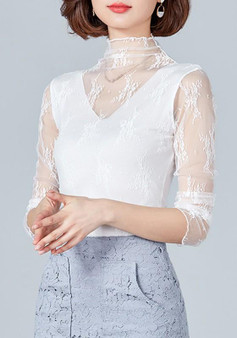 White Patchwork Lace Grenadine Band Collar Elegant T-Shirt