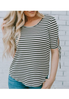 White-Black Striped Print Lace-up Casual Going out T-Shirt