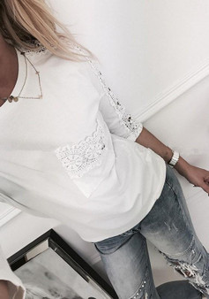 White Patchwork Lace Print Ruffle Round Neck Casual T-Shirt