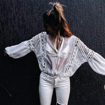 White Patchwork Cut Out Lace Band Collar Sweet T-Shirt