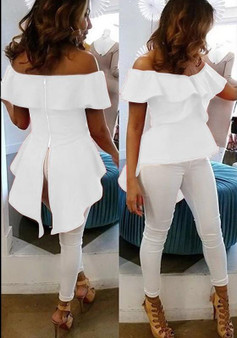 White Ruffle Irregular Slit Swallowtail Peplum Off Shoulder Backless Elegant Blouse