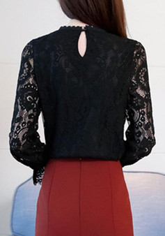 Black Patchwork Lace Ruffle Long Sleeve Elegant Blouse