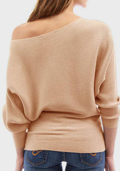 Khaki Irregular Round Neck Dolman Sleeve Long Sleeve Pullover Sweater