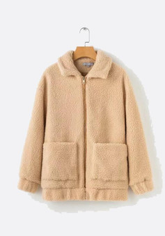 Khaki Pockets Fur Lamb Wool Turndown Zipper Collar Long Sleeve Fashion Cardigan Coat