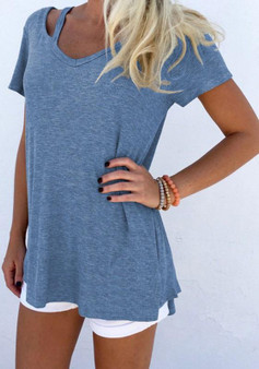 Cowboy Blue Hollow-out V-neck Short Sleeve Casual Blouse