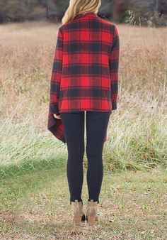 Red-Black Plaid Irregular Turndown Collar Casual Cardigan Coat