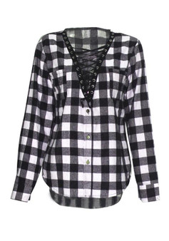 Black-White Plaid Drawstring Buttons V-neck Long Sleeve Fashion Blouses