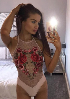 Pink Floral Hollow-out Round Neck Slim Casual Swimwear