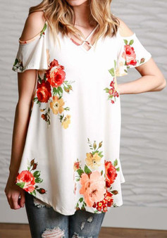 White Floral Print Cut Out Off-Shoulder V-neck Short Sleeve Casual T-Shirt