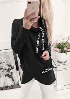 Black Plain Irregular Pockets Drawstring High Neck Pullover Sweatshirt