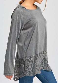 Grey Lace Patchwork Round Neck Long Sleeve Hooded Fashion T-Shirt