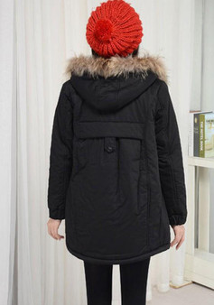 Black Drawstring Pocket Zipper Faux Fur Hooded Casual Maternity Parka Coat