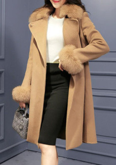 Camel Patchwork Sashes Fur Collar Long Sleeve Fashion Coat