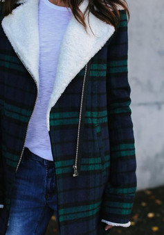 Blue Plaid Turndown Collar Zipper Long Sleeve Casual Winter Warm Coat