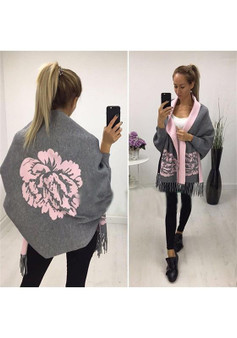 Grey Flowers Print Tassel Casual Cardigan Sweater