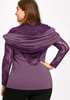 Purple Patchwork Irregular Lace Multi-functional Plus Size Long Sleeve T-Shirt