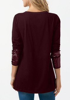 Burgundy Patchwork Sequin Pockets Buttons Round Neck Casual T-Shirt
