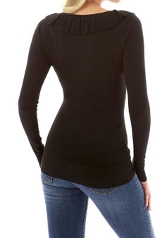 Black Ruffle V-neck Long Sleeve Fashion T-Shirt