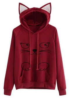 Red Cat Print Drawstring Pockets Long Sleeve Cute Hooded Sweatshirt