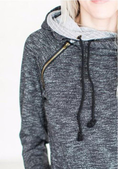 Black Drawstring Pockets Zipper Long Sleeve Hooded Sweatshirt