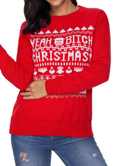 Red Christmas Print Round Neck Long Sleeve Fashion Pullover Sweater
