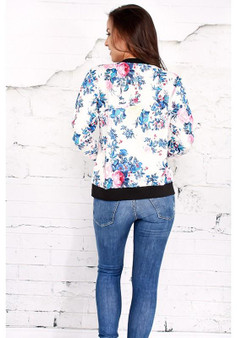 White Floral Print Round Neck Zipper Long Sleeve Fashion Coat