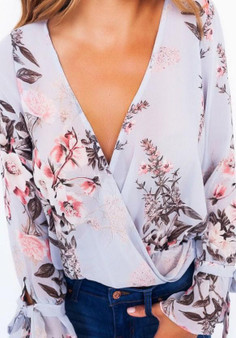 Light Blue Floral Bow V-neck Bohemian Going out Blouse