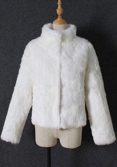 White Band Collar Long Sleeve Fashion Faux Fur Coat