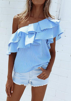 Blue Striped Asymmetric Shoulder Cascading Ruffle Fashion Blouse