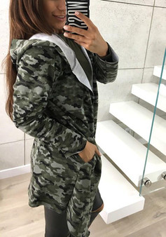Camouflage Pockets Hooded No Button Fashion Coat
