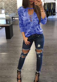 Blue Camouflage Print Drawstring V-neck Long Sleeve Casual T-Shirt