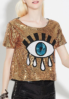 Golden Patchwork Eyes Print Sparkly Short Sleeve Casual T-Shirt