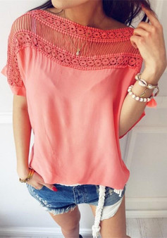 Pink Patchwork Hollow-out Round Neck Short Sleeve T-Shirt