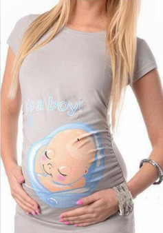 Grey Cartoon Print Round Neck Short Sleeve Maternity T-Shirt